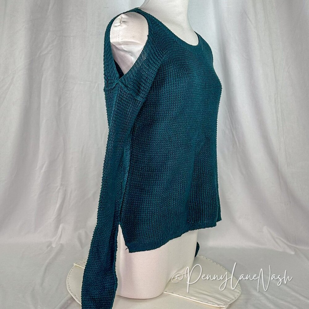 Hollister Cold Shoulder Waffle Knit Sweater Teal - Picture 2 of 6
